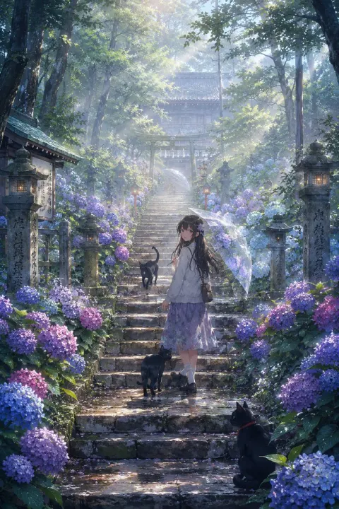 Misty Shrine Girl with Cats