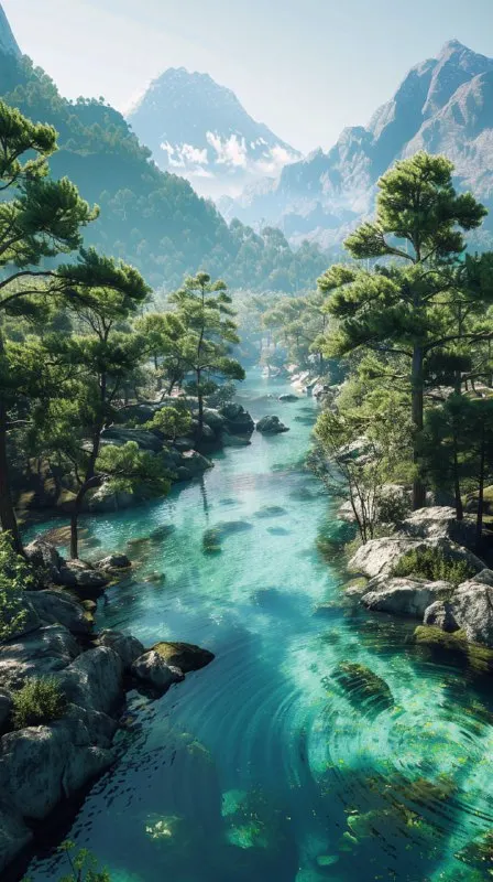 Crystal-Clear Mountain Stream Shaded by Trees