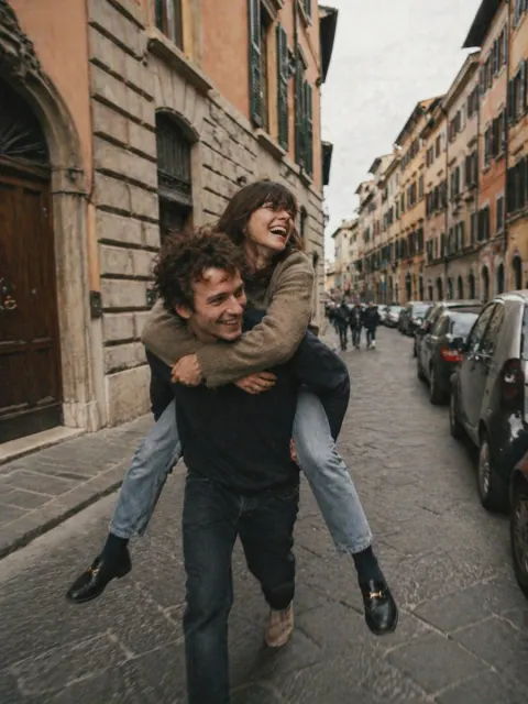 Couple Laughing On Quiet European Street