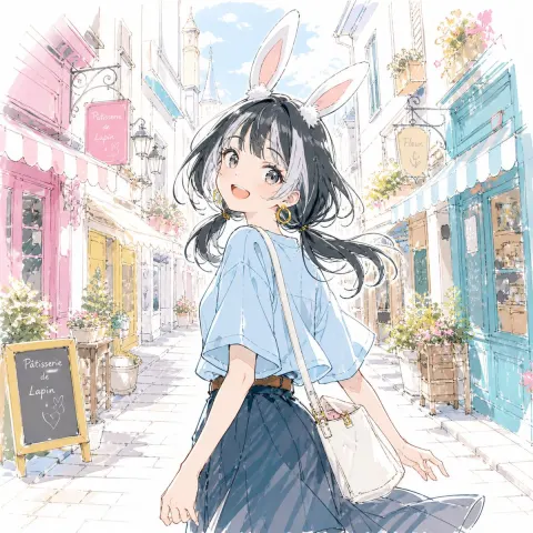 Bunny Girl Spring Street Watercolor