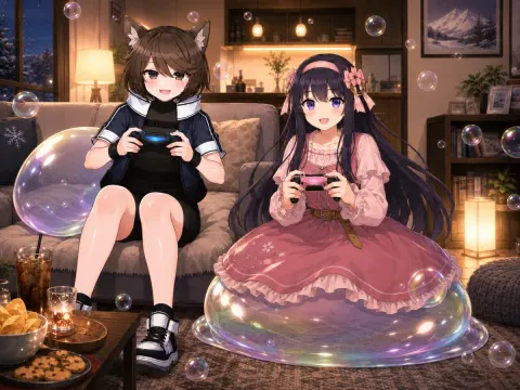 Cozy Anime Girls Gaming Night
