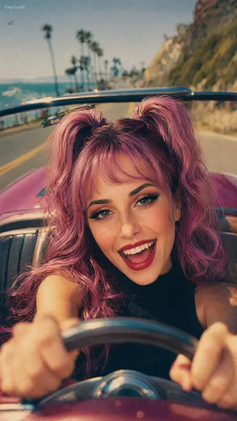 Retro Convertible Laughing on California Highway
