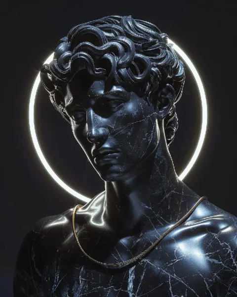 Black Marble Statue of Man With Glowing Halo
