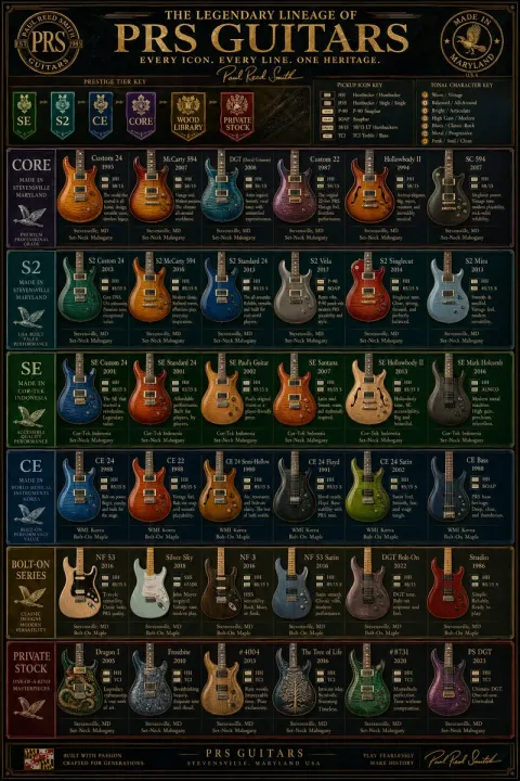 Luxury Vintage PRS Guitar Lineup Poster