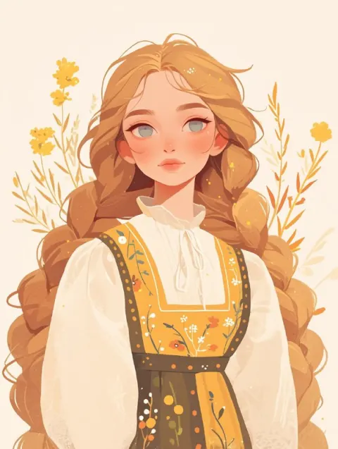 Flat Embroidery Girl in Ancient Costume Geometric Art