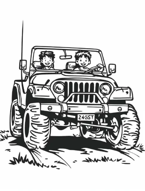 Kids Riding in a Jeep Coloring Page Line Art