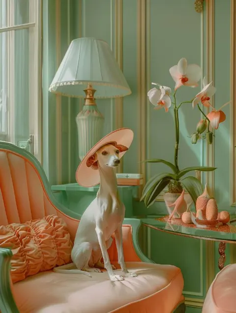 Whippet in Hermes Fashion Inside Pastel Interior