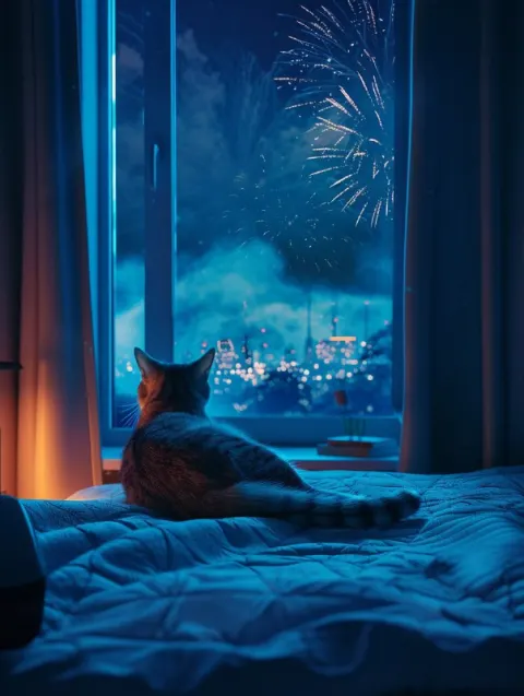 Mid-Century Modern Blue Bedroom With Cat and Fireworks