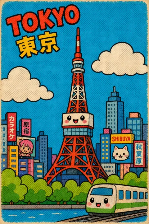 Retro Kawaii Tokyo Cityscape Poster