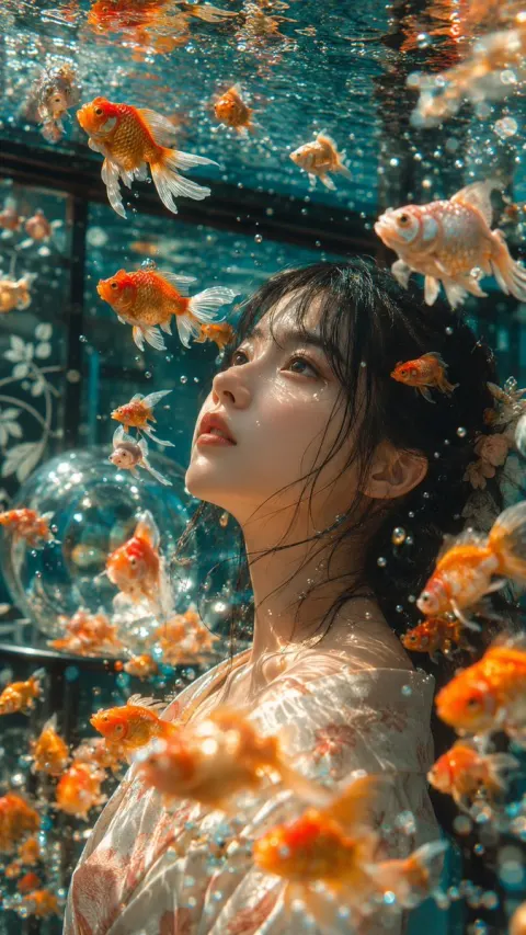 Dreamy Japanese Goldfish Underwater Portrait