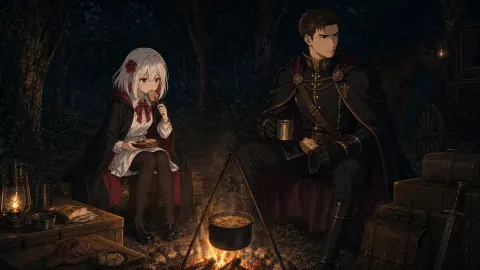 Dark Anime Forest Camp Scene