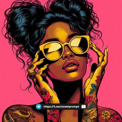 Pop Art Black Woman With Yellow Sunglasses and Tattoos