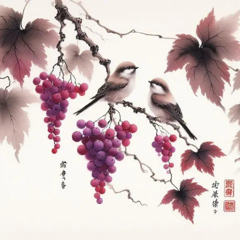 Chinese Ink Painting of Two Birds on a Grape Vine