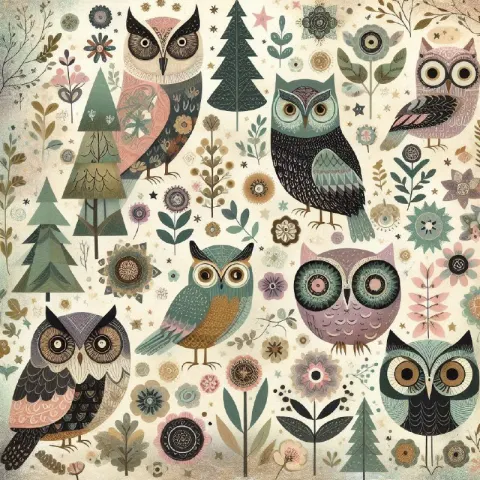 Creepy Folk Art Owls Digital Collage Decoupage Sheet