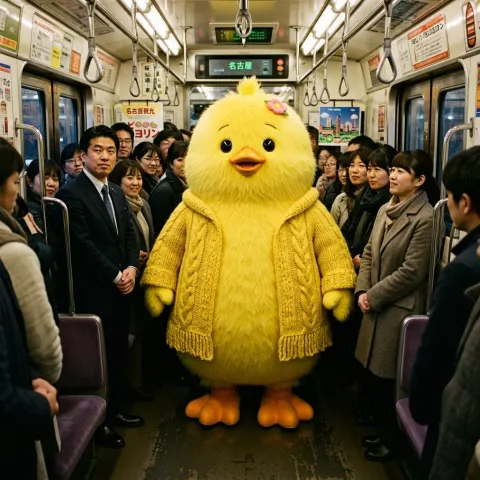 Giant Fluffy Chick on Commuter Train