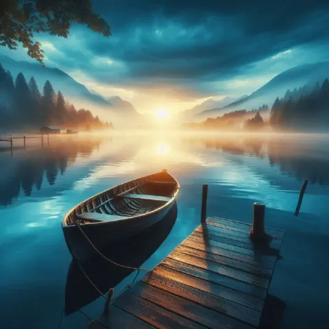 Small Boat on a Lake in Soft Morning Blue Light