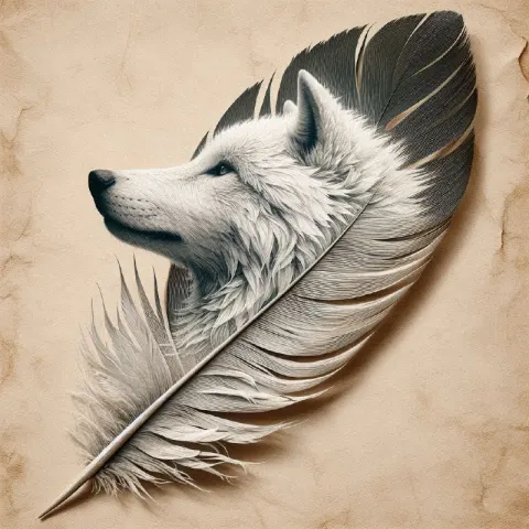White Wolf Painted Inside a Feather on Parchment
