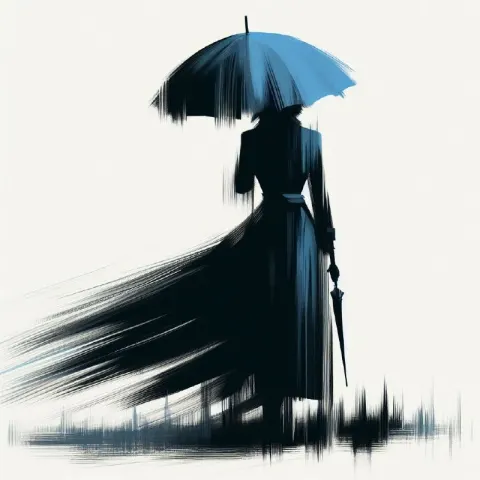Minimalist Woman With Blue Umbrella on Grassy Hill