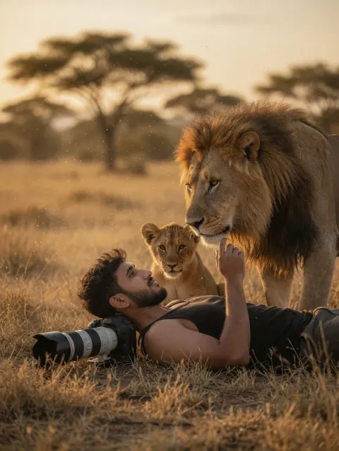 Man and Lion Trusting Encounter