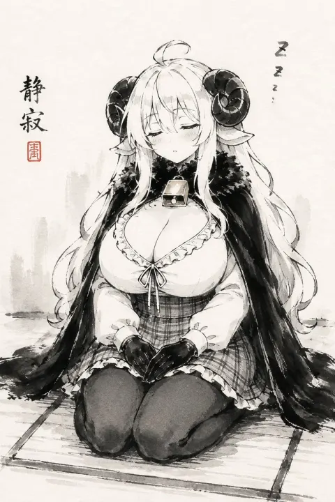Sleepy Ink-Wash Horned Girl