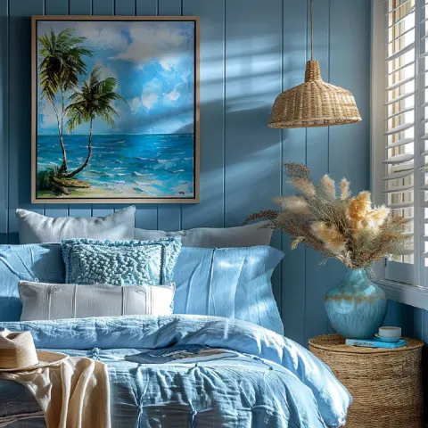 Tropical Coastal Kids Room With Blue-Green Artwork
