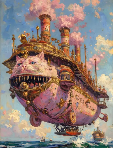 Giant Cat Steampunk Airship Fantasy Painting
