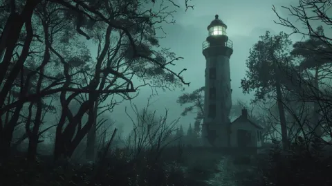 Foggy Forested Lighthouse in Horror Atmosphere