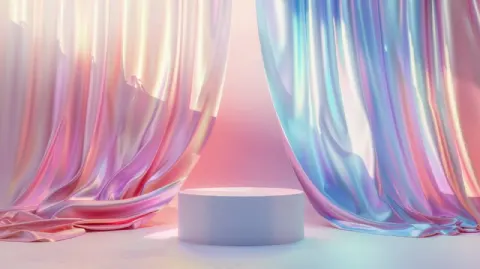 Iridescent 3D Podium With Flying Silk Curtain