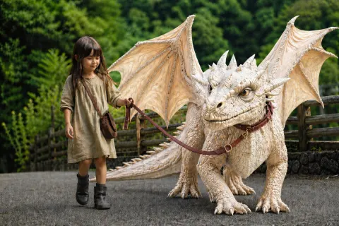 Girl Walking Pet Dragon Fantasy