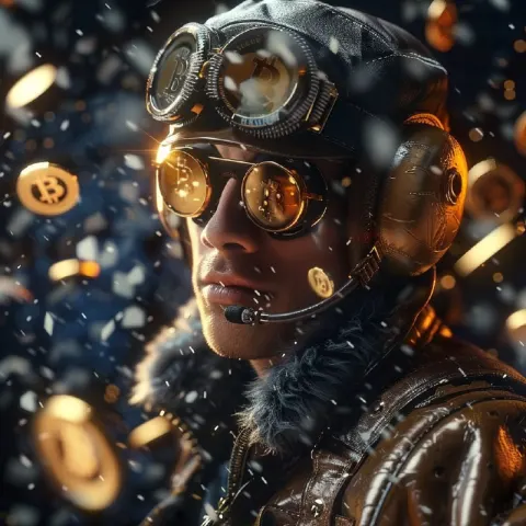 Stylized Aviator Amid Falling Bitcoins Cinematic Shot