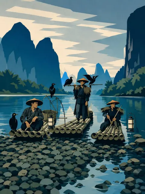Minimalist Cormorant Fishing Vector Art