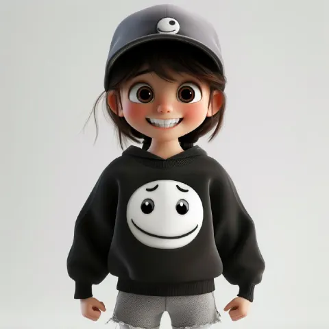 Smiling Girl in Black Smiley Sweater and Baseball Cap