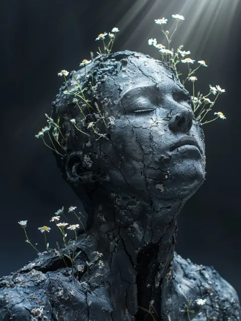 Black Plaster Statue With Wildflowers and Light Beam