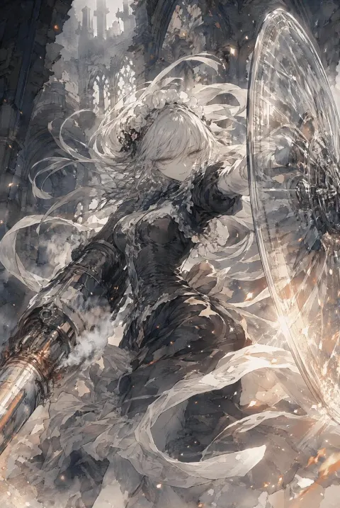 Silver Battle Maiden in Ruined Cathedral