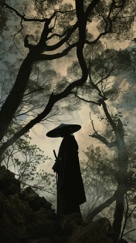 Samurai Silhouette in Wide-Brimmed Hat Landscape Photo
