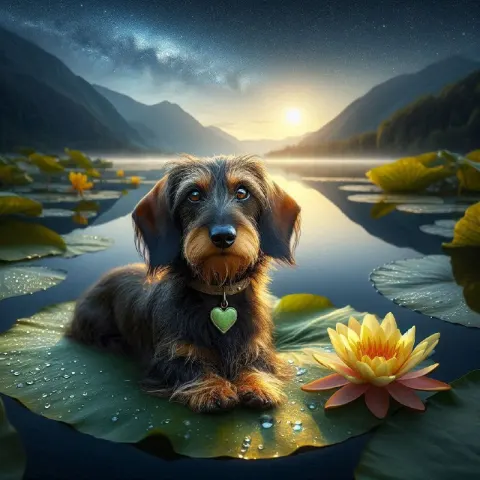 Wire-Haired Dachshund by a Moonlit Mountain Lake