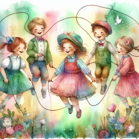 Whimsical Children Skipping Rope in Spring Yard