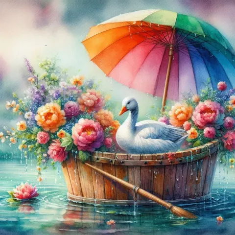 Wooden Bathtub of Flowers and Goose Floating on River
