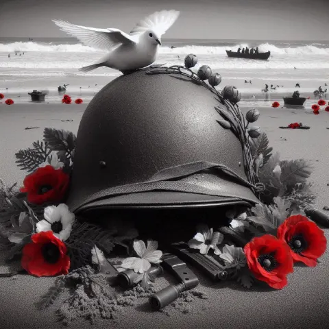 WWII Helmet With White Dove Poppies and Roses on Beach