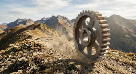 Giant Steel Gear Racing Down Mountain