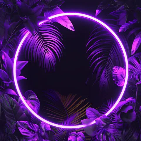 Purple Circular Neon Light With Tropical Leaves