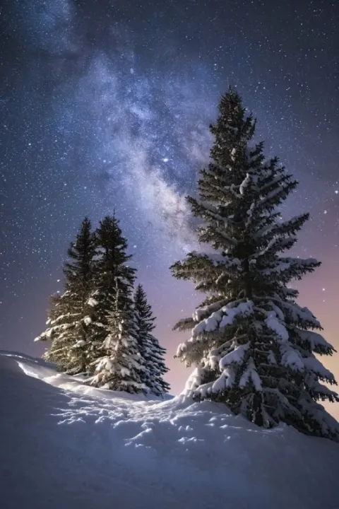Snowy Alpine Spruce Under the Milky Way at Night