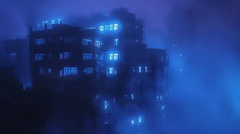 Lonely Building Fading Into Thick Blue Night Fog