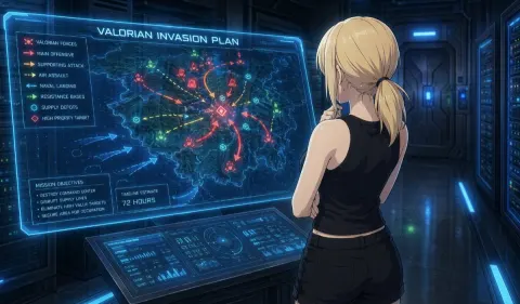Cyberpunk Female Strategist Holographic War Map