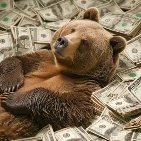 Cheerful Bear Lying on a Bed of Cash