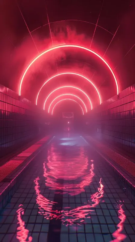 Foggy 1980s Tiled Pool Tunnel With Neon Light