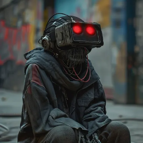 Homeless Cyborg Wearing Virtual Reality Goggles