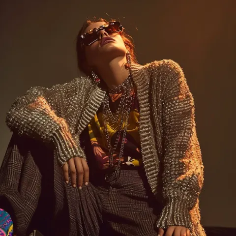 Editorial Model in Tailored Pants and Jeweled Cardigan