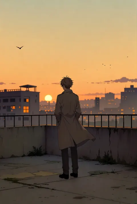 Melancholic Anime Sunset Rooftop