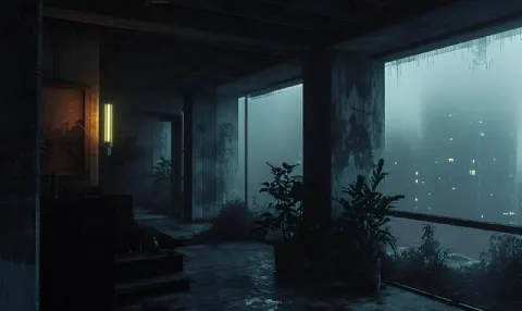 Noir Brutalist Penthouse View in Misty Dystopia